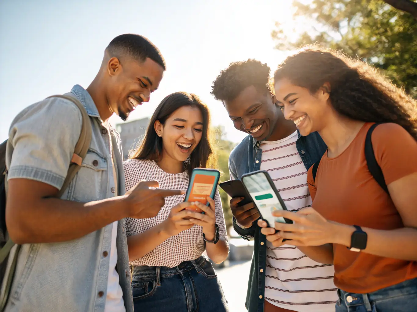 A diverse group of people using the Branch app on their smartphones in various international settings, representing the global reach and inclusivity of the service.
